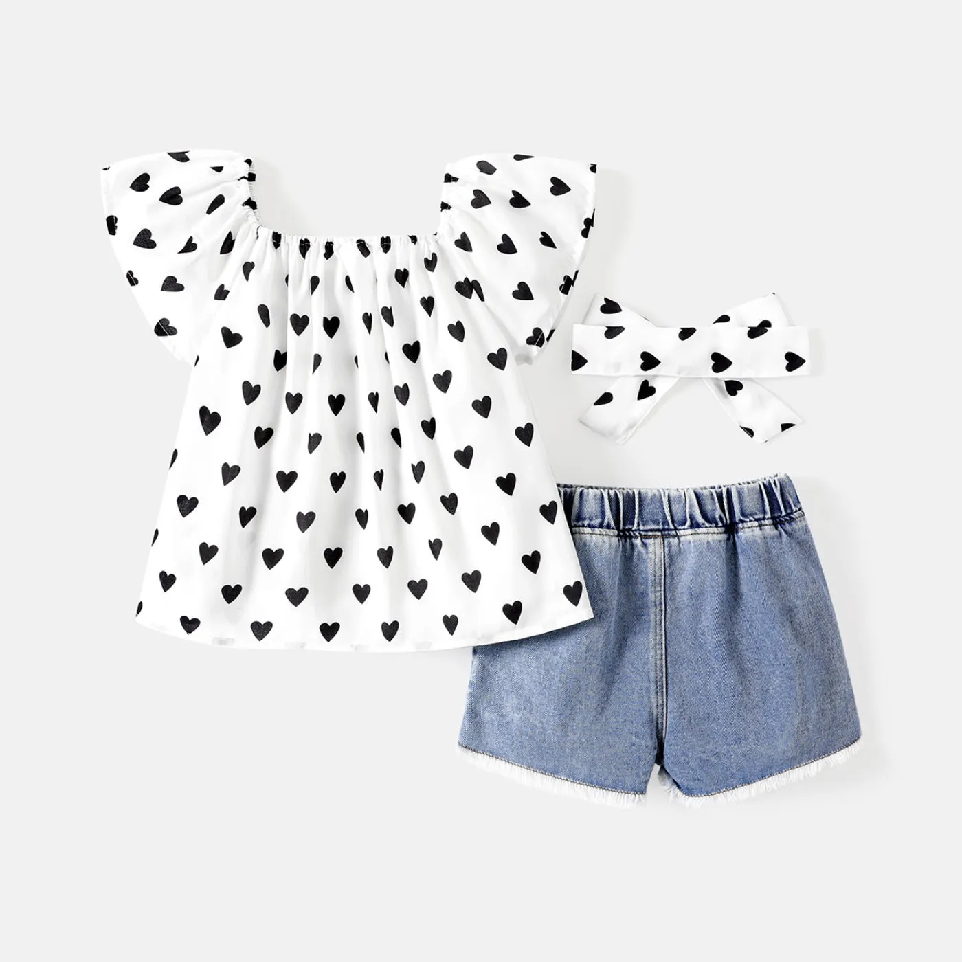 3pcs Toddler Girl Heart Print Off Shoulder Blouse and Denim Shorts & Headband Set