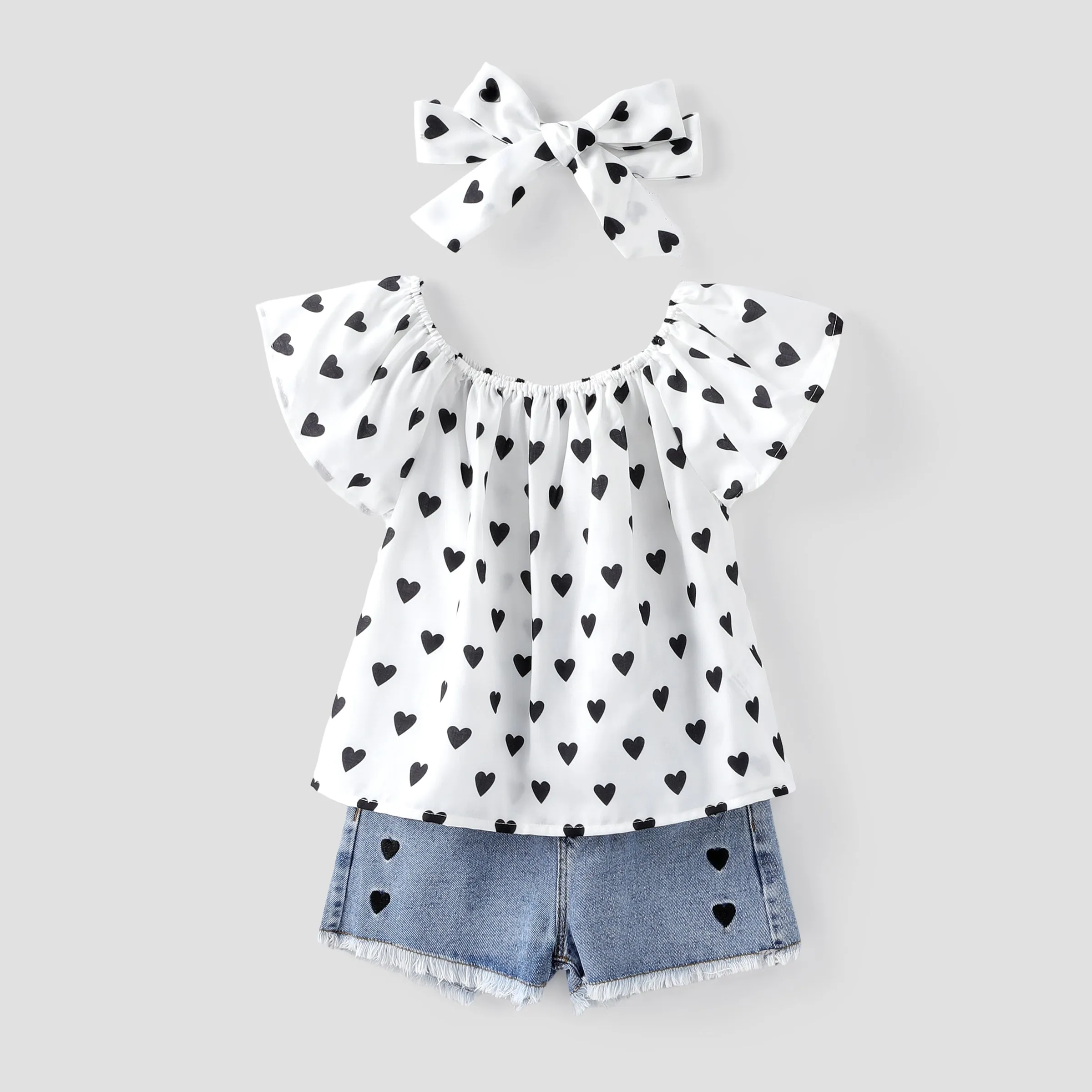 3pcs Toddler Girl Heart Print Off Shoulder Blouse and Denim Shorts & Headband Set