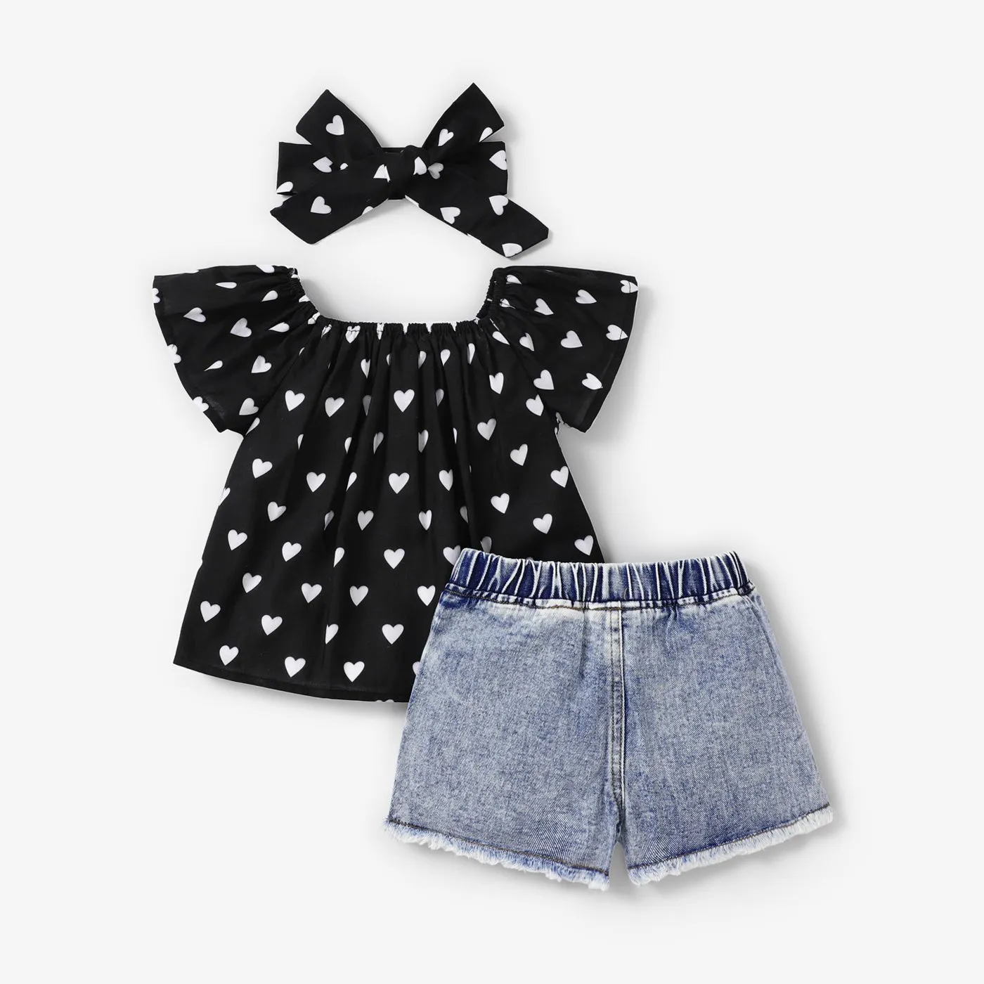 3pcs Toddler Girl Heart Print Off Shoulder Blouse and Denim Shorts & Headband Set