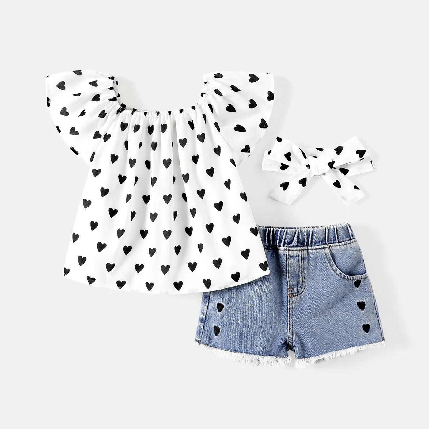 3pcs Toddler Girl Heart Print Off Shoulder Blouse and Denim Shorts & Headband Set