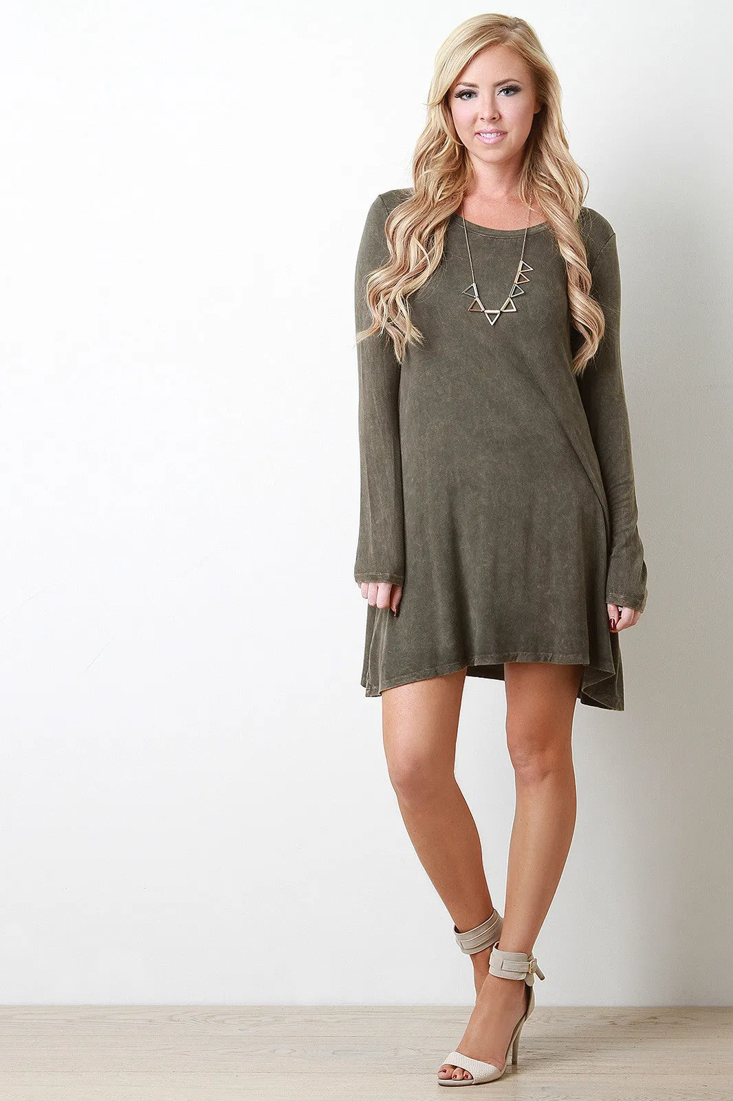 Acid Wash Long Sleeve Shift Dress