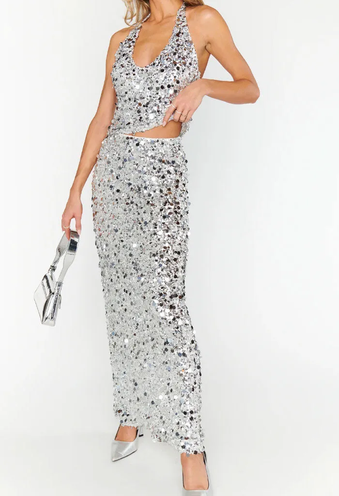 All That Skirt-Silver Metallic Sequins