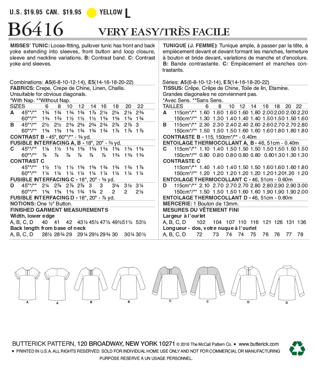 B6416 Misses' Button-Closure Tunics with Yokes