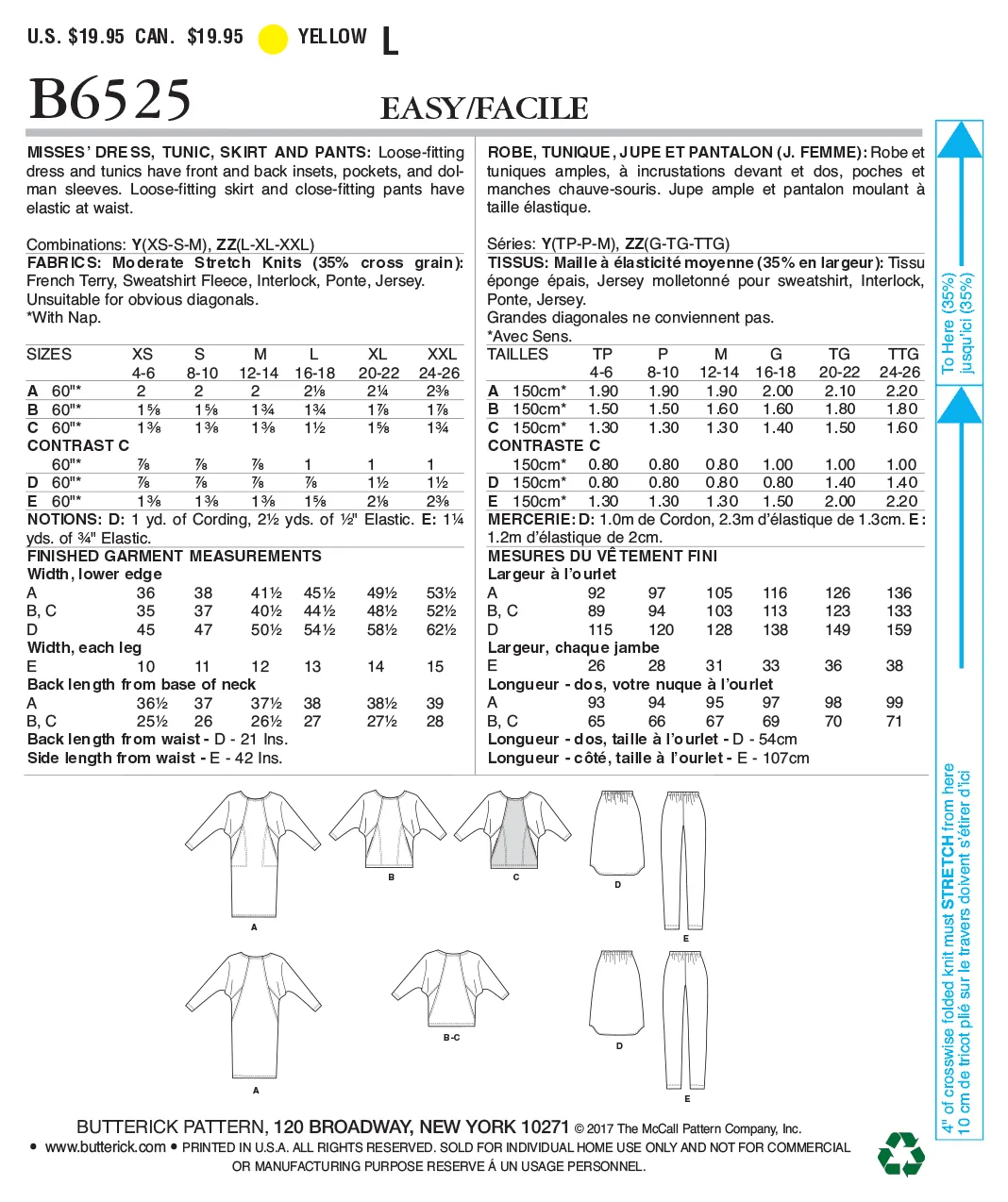 B6525 Misses' Knit Dress and Tunic, Skirt, and Pants