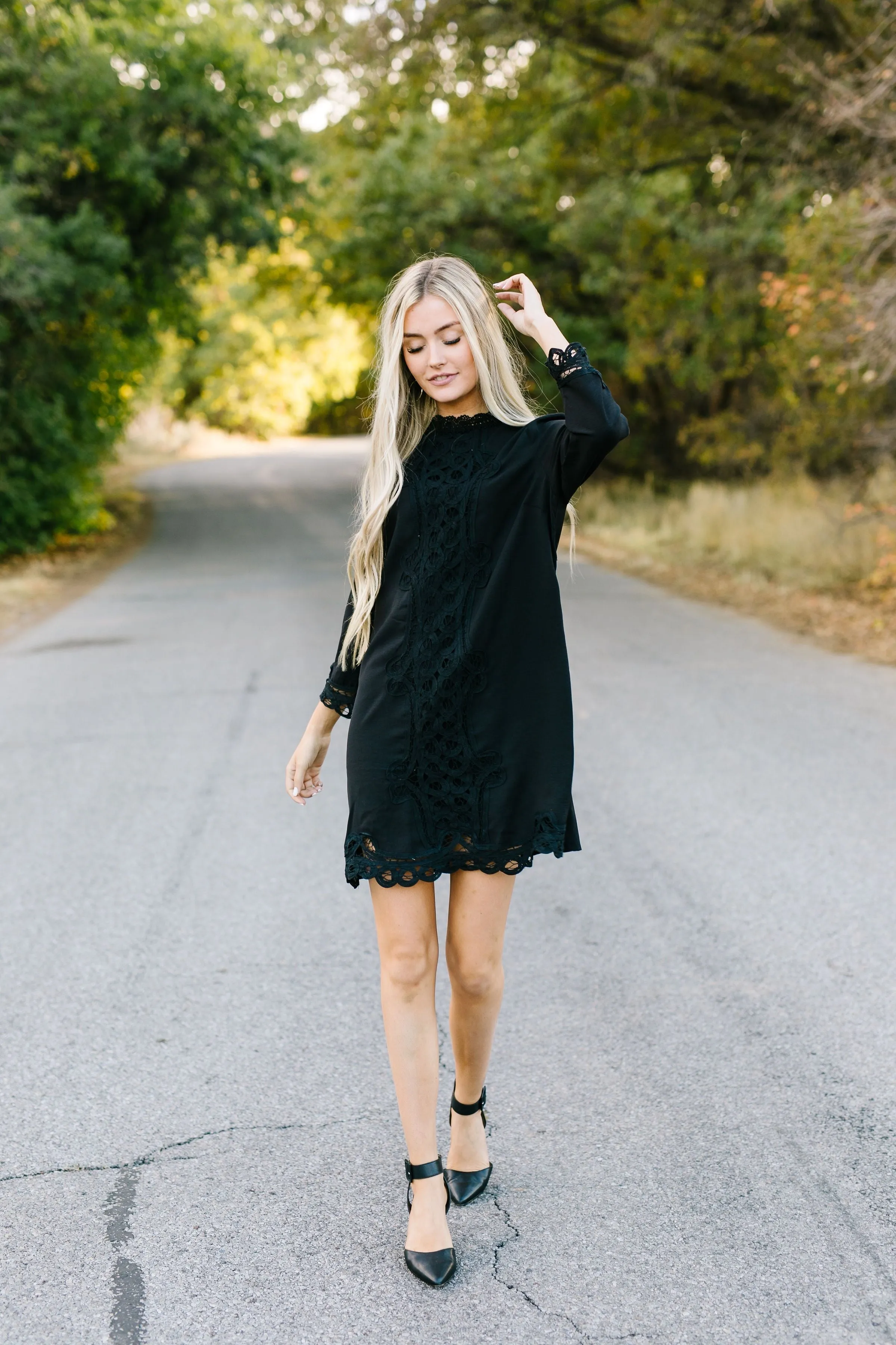 Battenburg Lace Shift Dress In Black