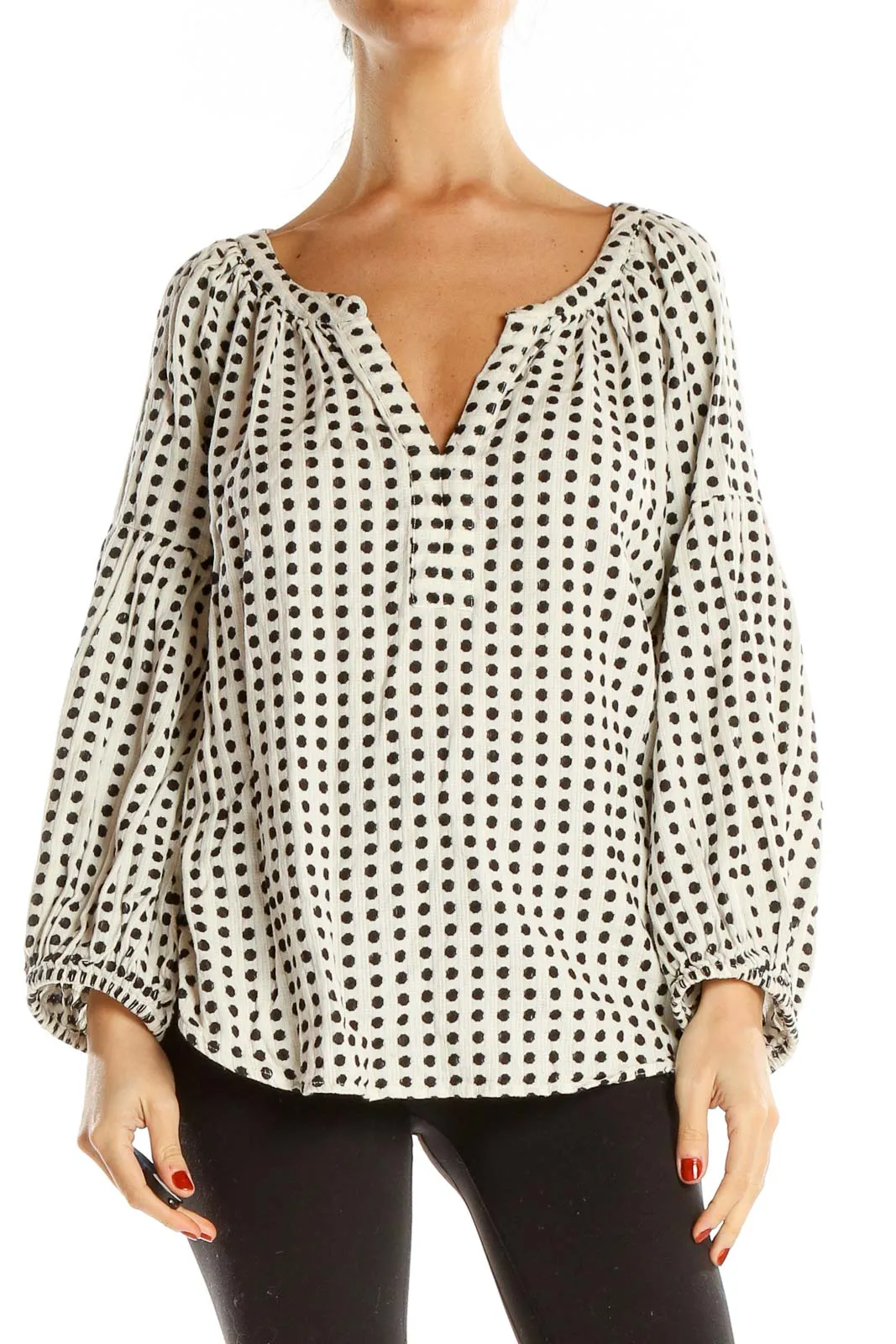 Beige Black Embroidered Polka Dot Bohemian Blouse