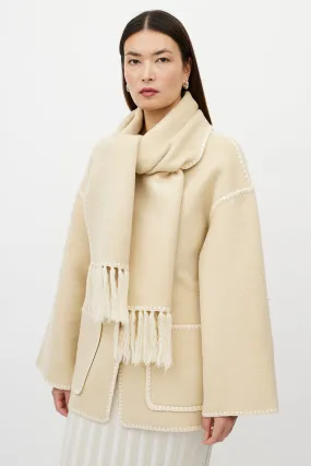 Beige Wool Fringe Scarf Collar Jacket