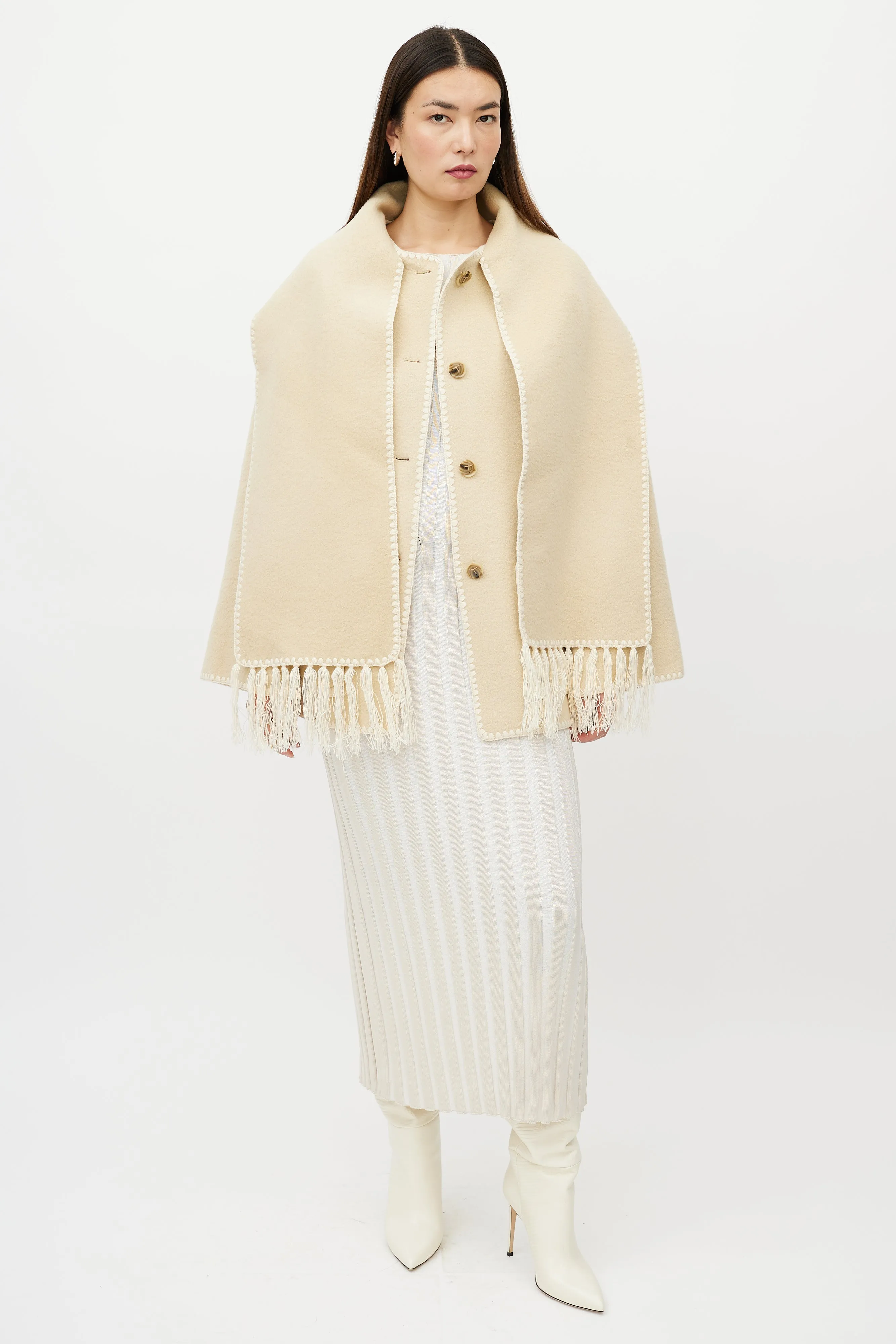 Beige Wool Fringe Scarf Collar Jacket