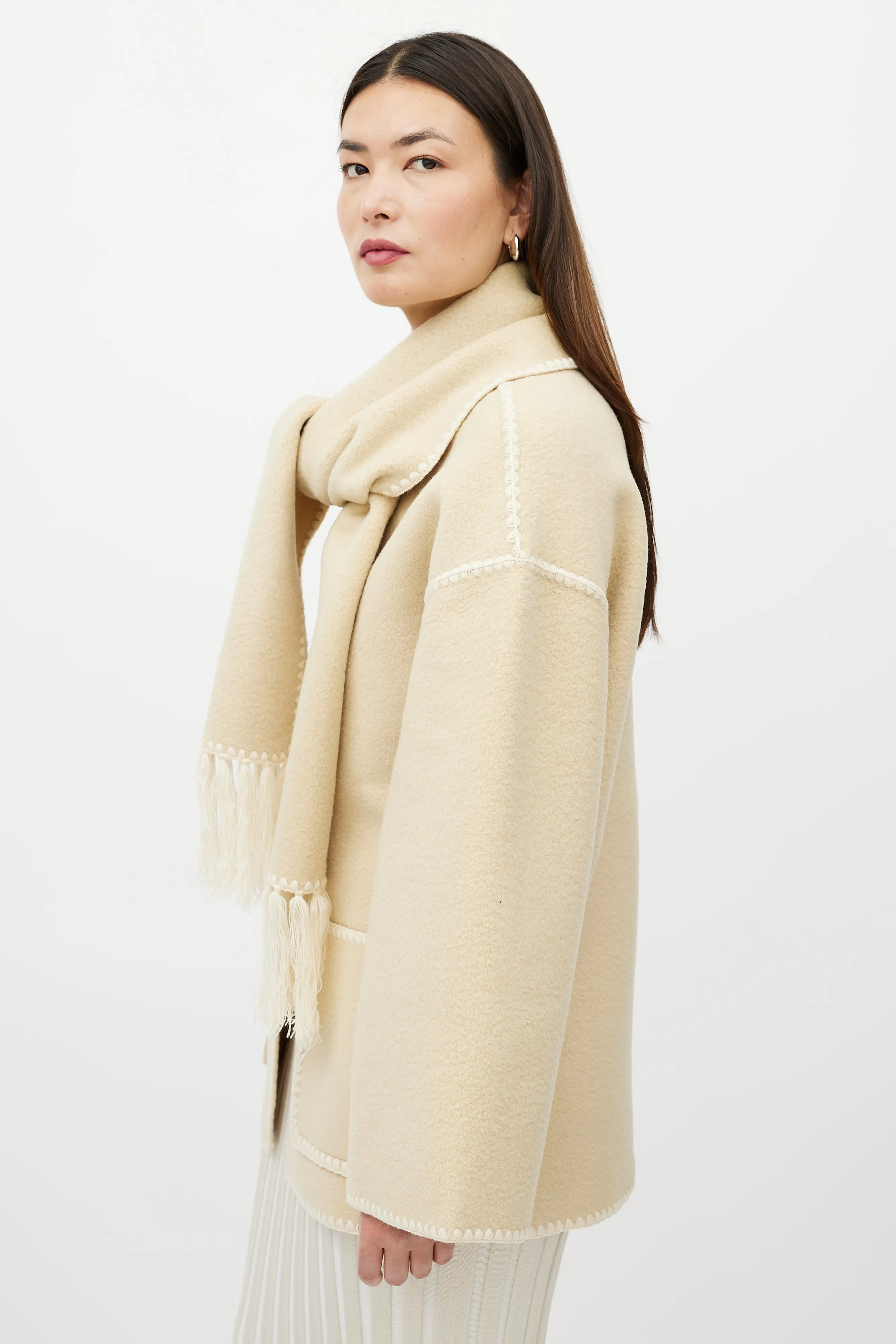 Beige Wool Fringe Scarf Collar Jacket