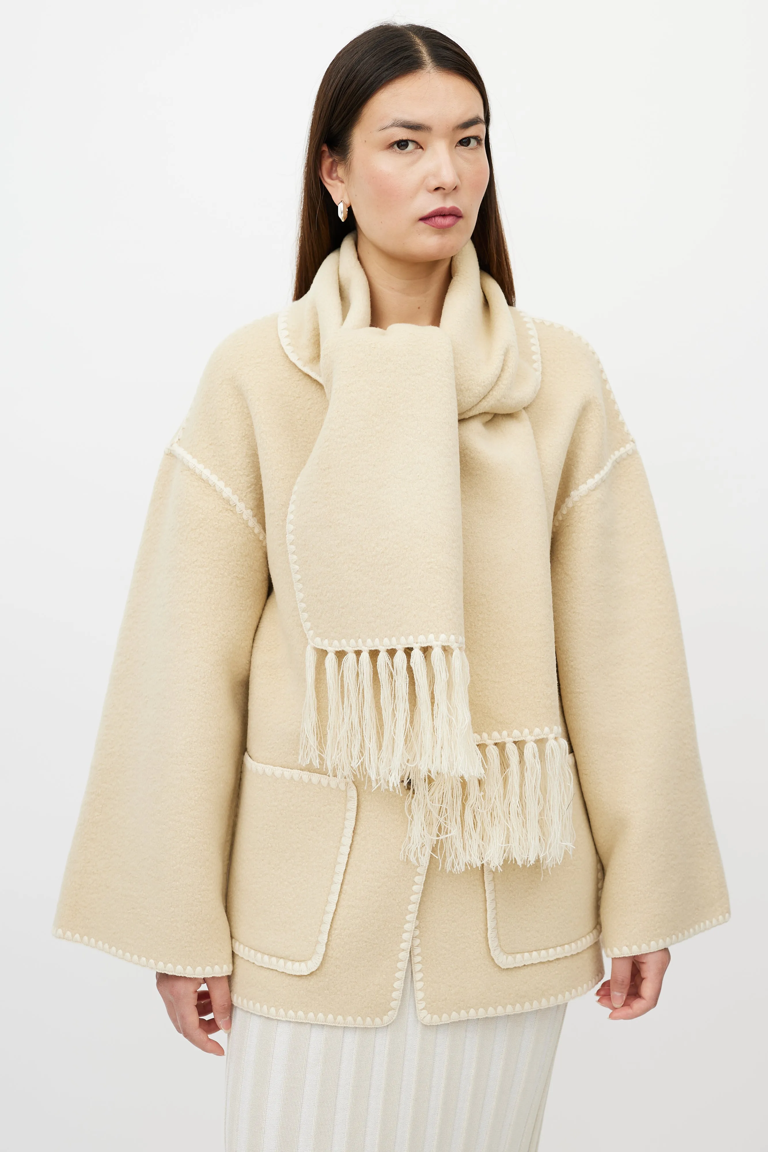 Beige Wool Fringe Scarf Collar Jacket