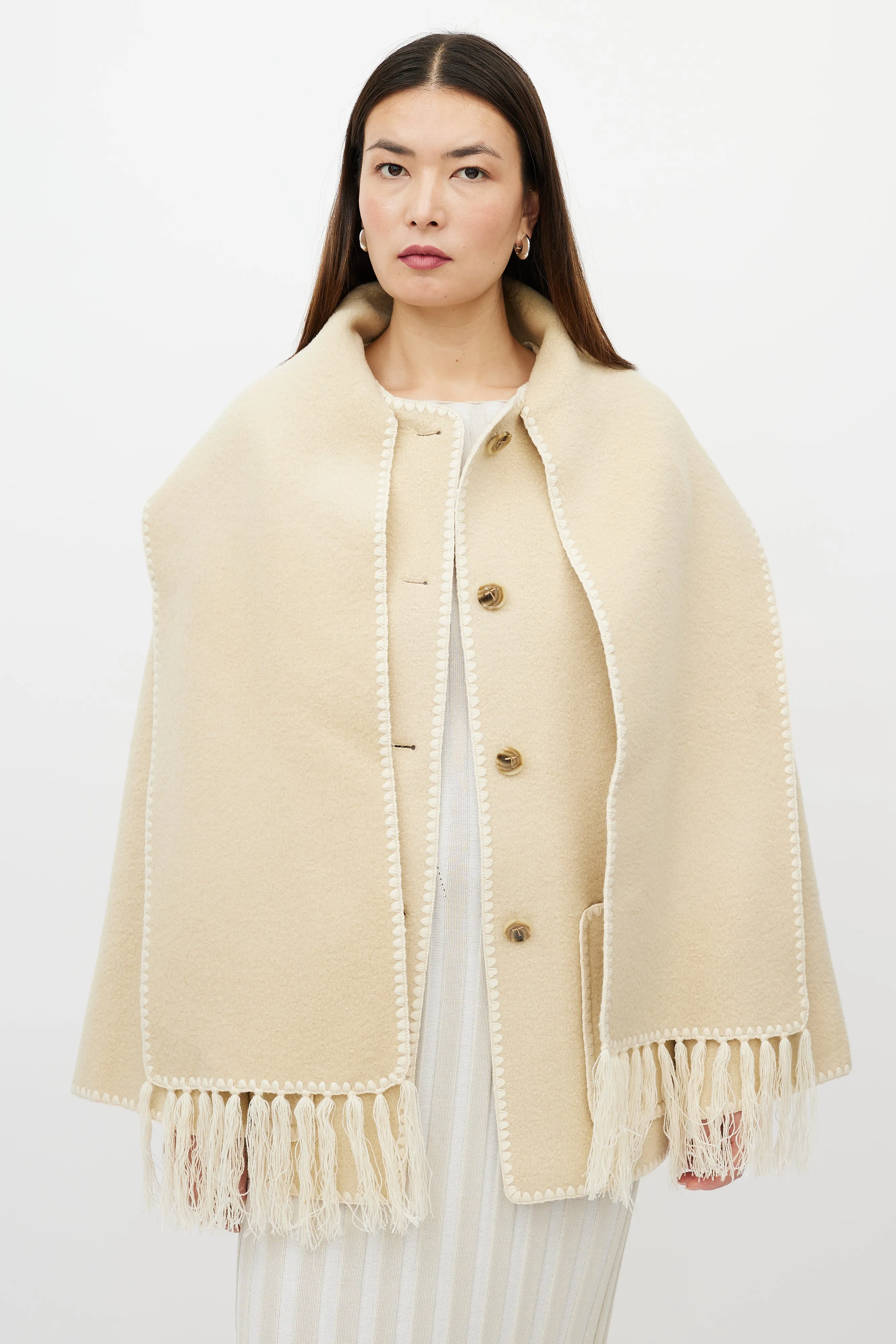 Beige Wool Fringe Scarf Collar Jacket