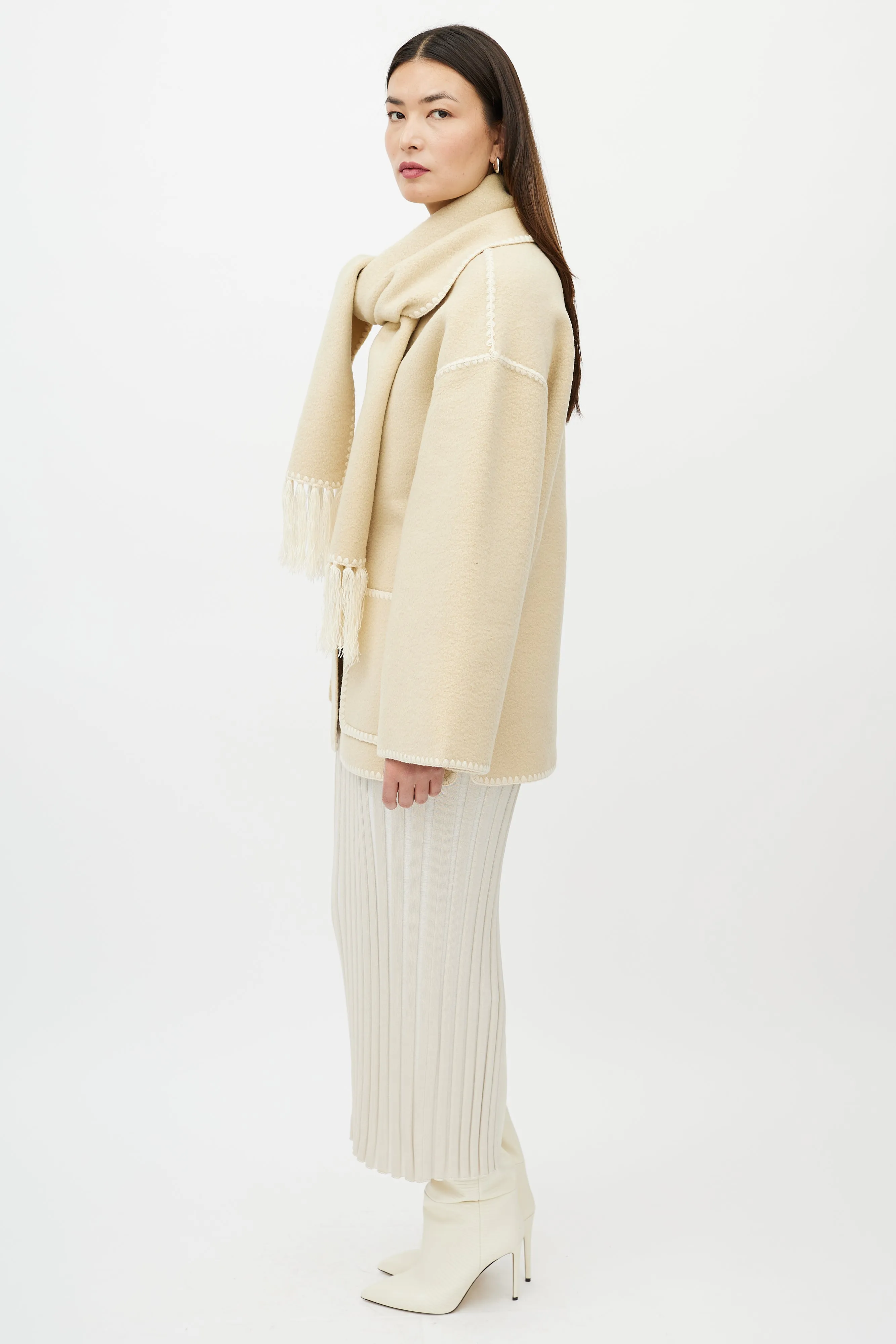 Beige Wool Fringe Scarf Collar Jacket