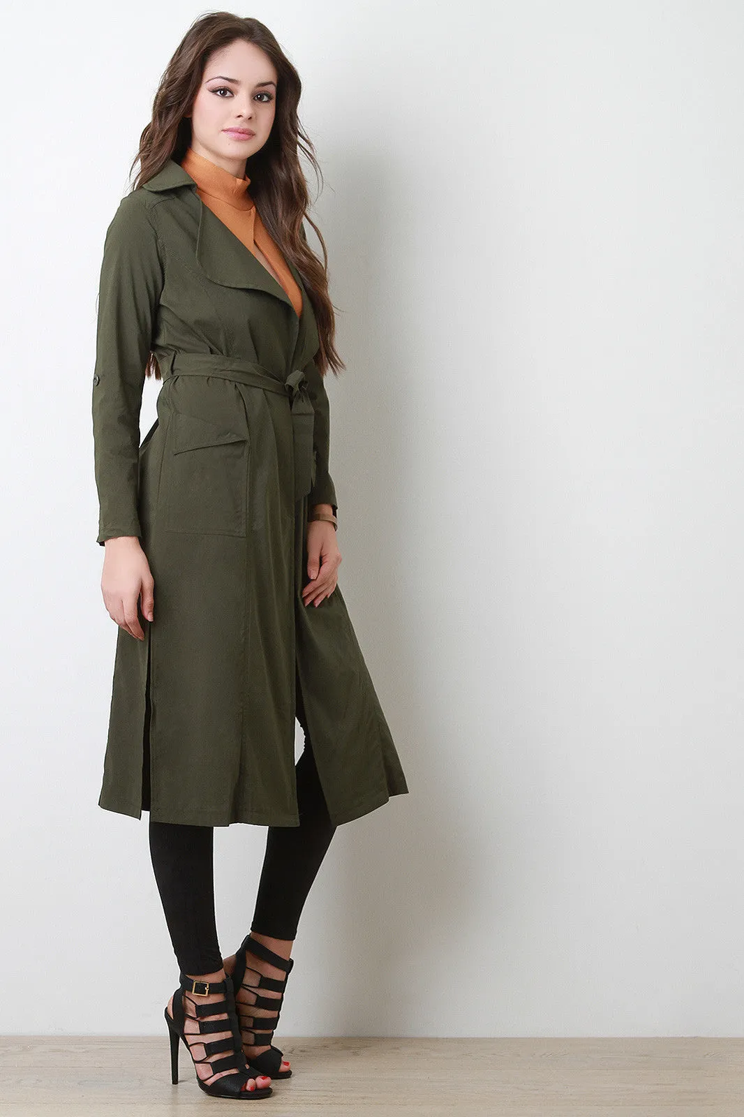 Belted Long Sleeves Open Front Longline Jacket