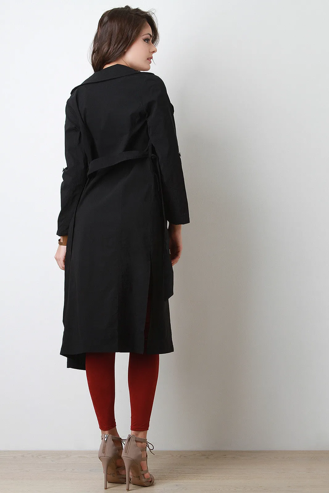 Belted Long Sleeves Open Front Longline Jacket