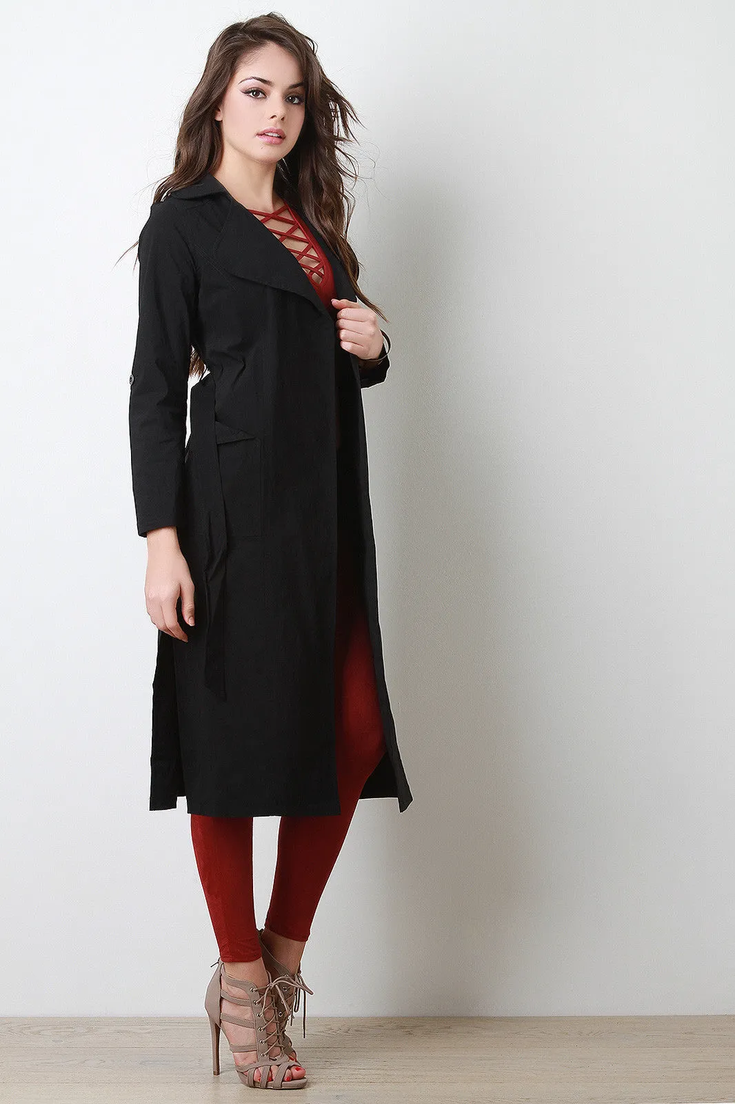 Belted Long Sleeves Open Front Longline Jacket