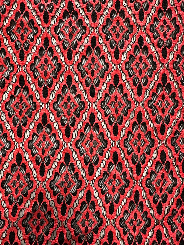 Black and Red Diamond Embroidered Stretch Lace Fabric