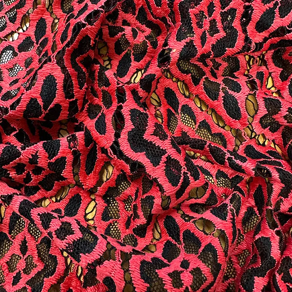 Black and Red Diamond Embroidered Stretch Lace Fabric