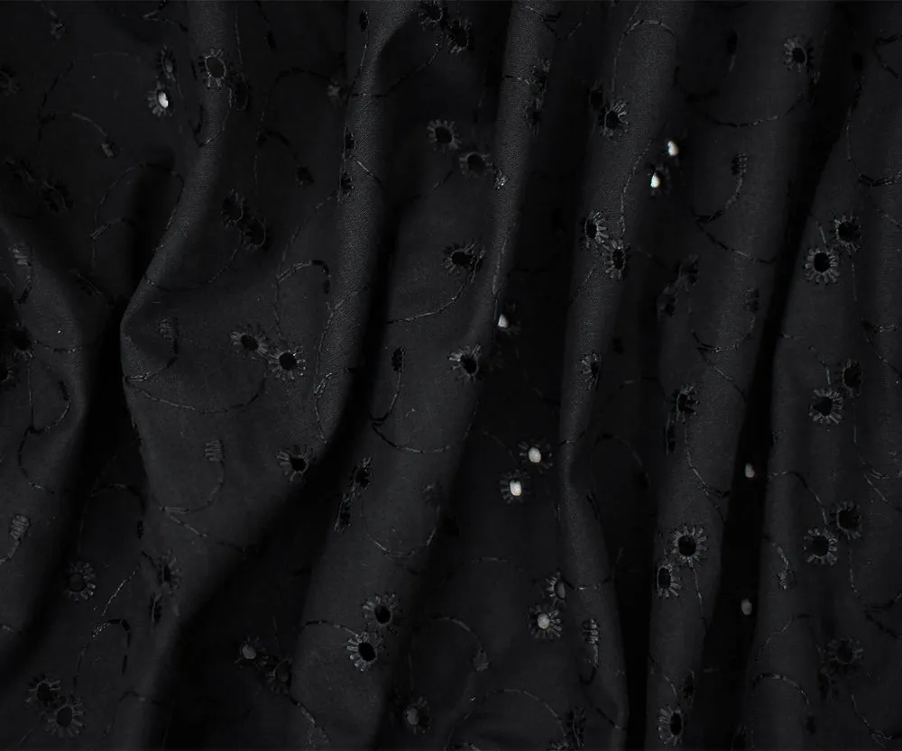 Black Embroidered Floral Vine Eyelet Cotton Woven Fabric