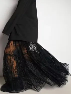 Black lace fabric wide maxi skirt