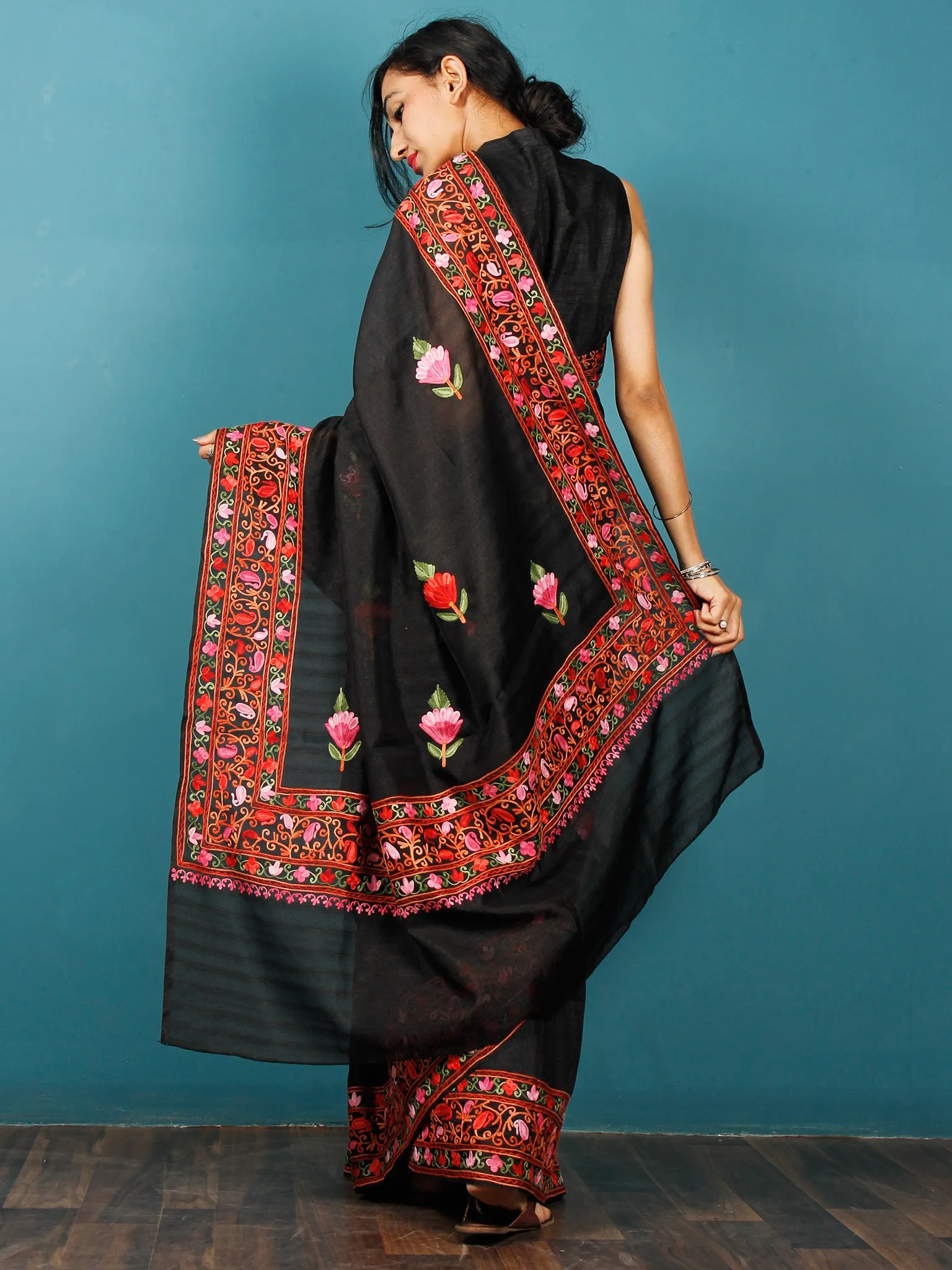 Black Lavender Green Orange Aari Embroidered Bhagalpuri Silk Saree From Kashmir - S031703076