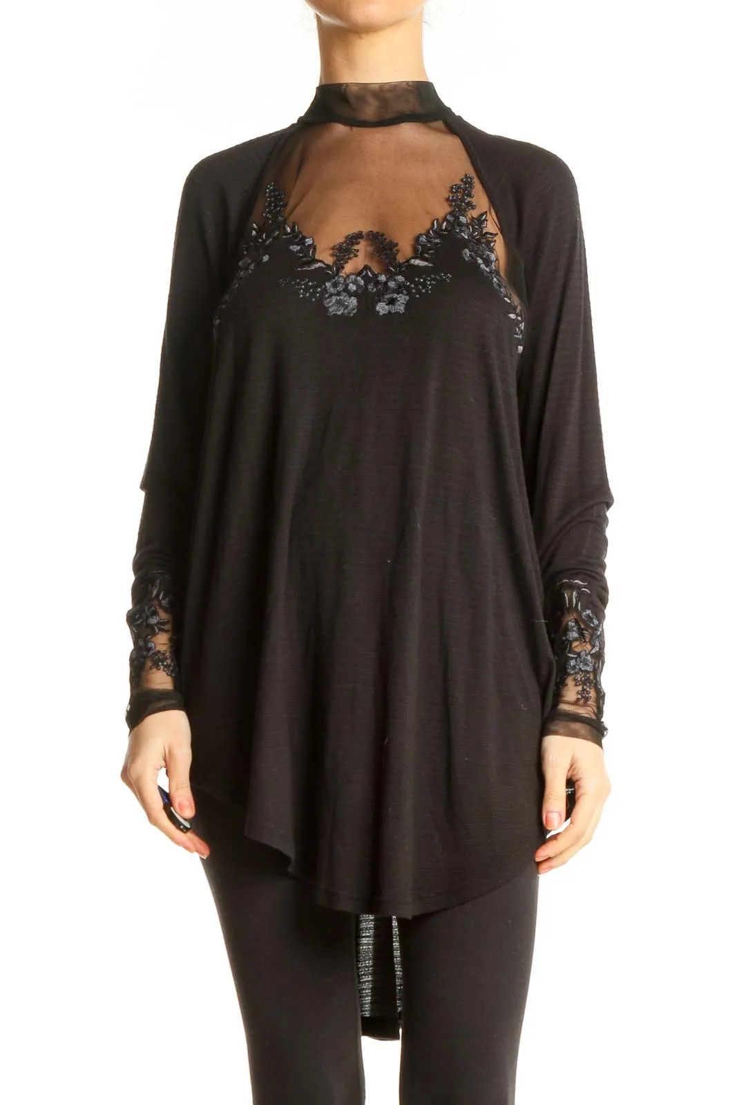 Black Sheer Embroidered Long Sleeve Top