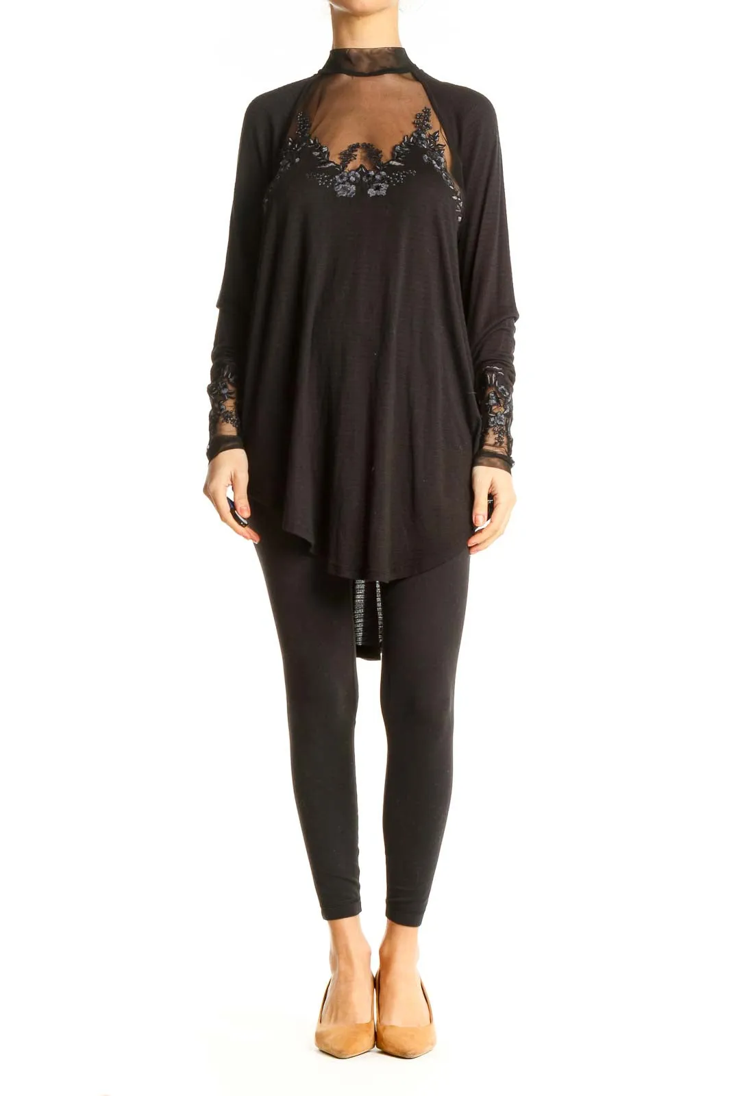 Black Sheer Embroidered Long Sleeve Top