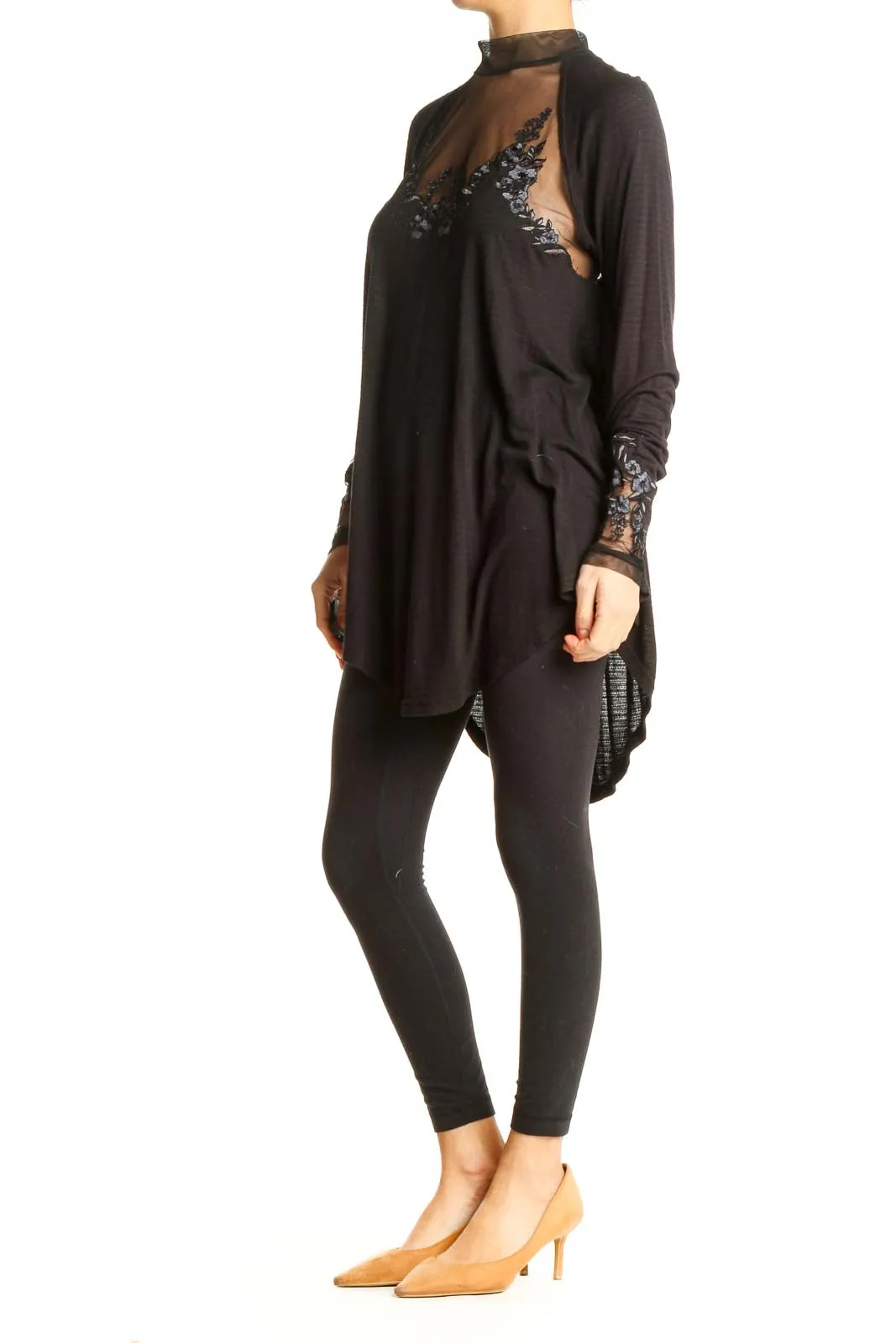 Black Sheer Embroidered Long Sleeve Top