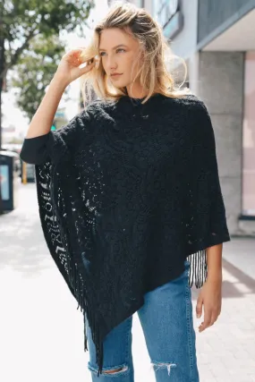 •BLACK SOFT KNIT• fringed poncho