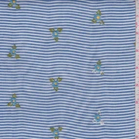 Blue/White Stripe Embroidered Floral Rayon Challis Fabric