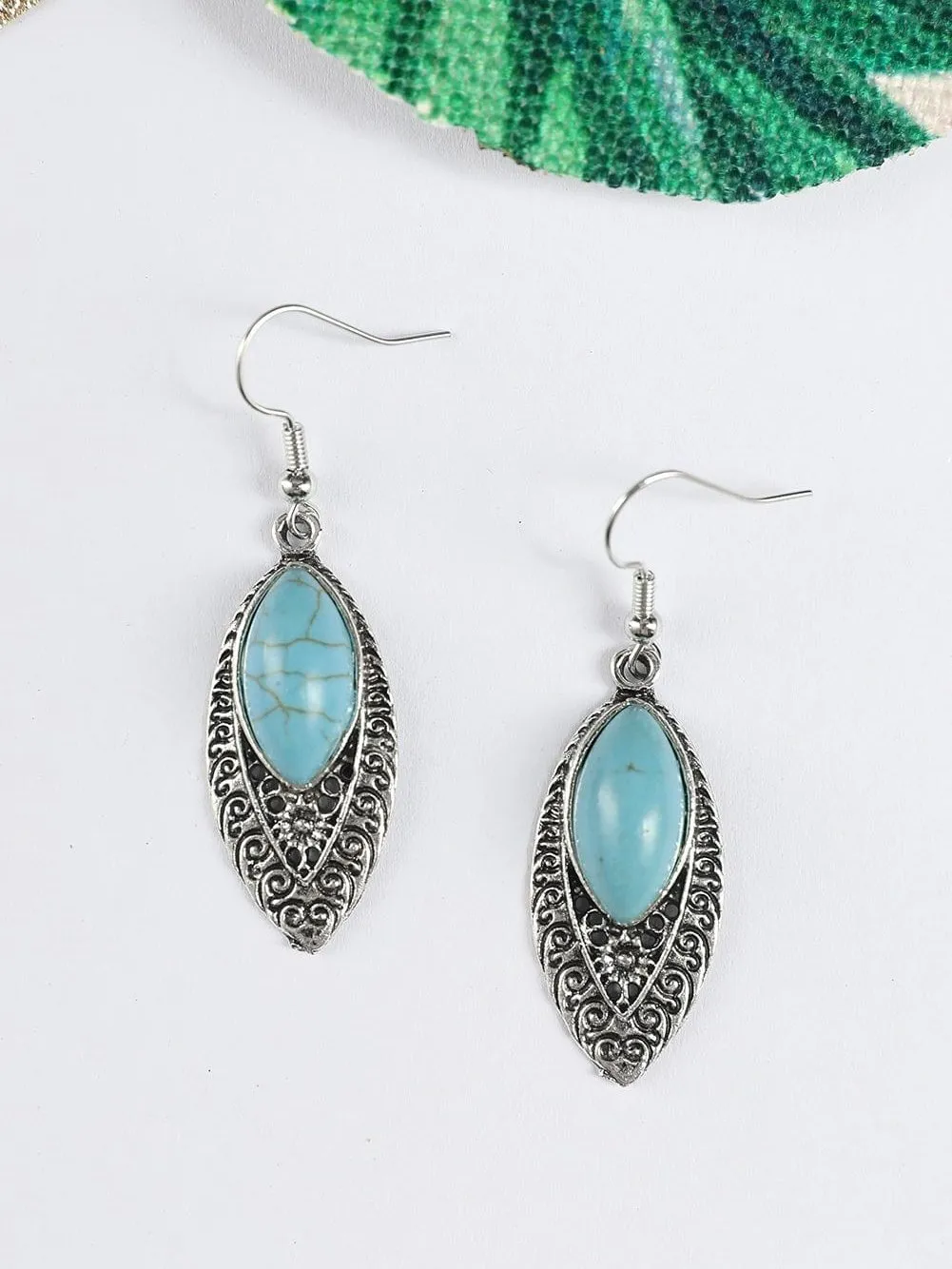 Bohemian Silver Turquoise Arabesque Drop Earrings