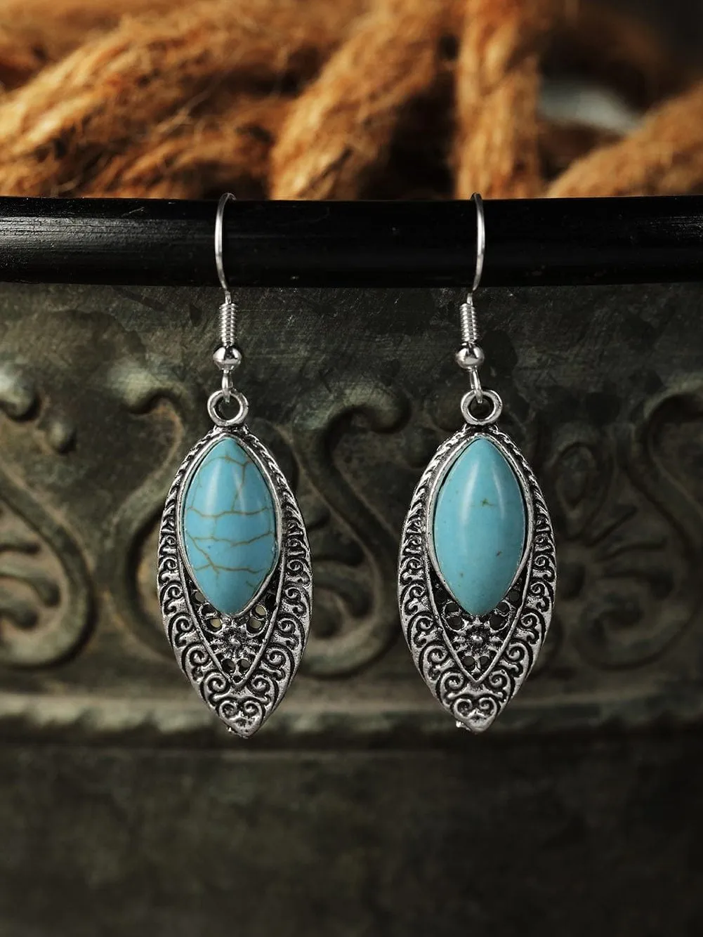 Bohemian Silver Turquoise Arabesque Drop Earrings