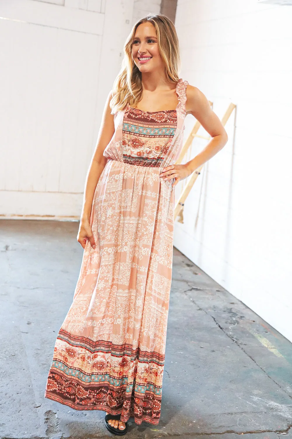 Boho Color Block Elastic Waist Ruffle Strap Maxi Dress