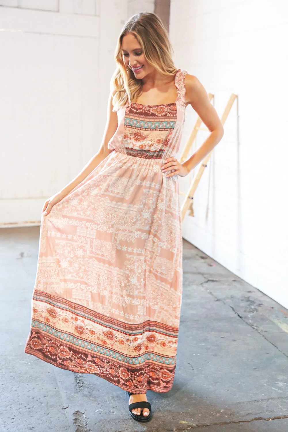 Boho Color Block Elastic Waist Ruffle Strap Maxi Dress