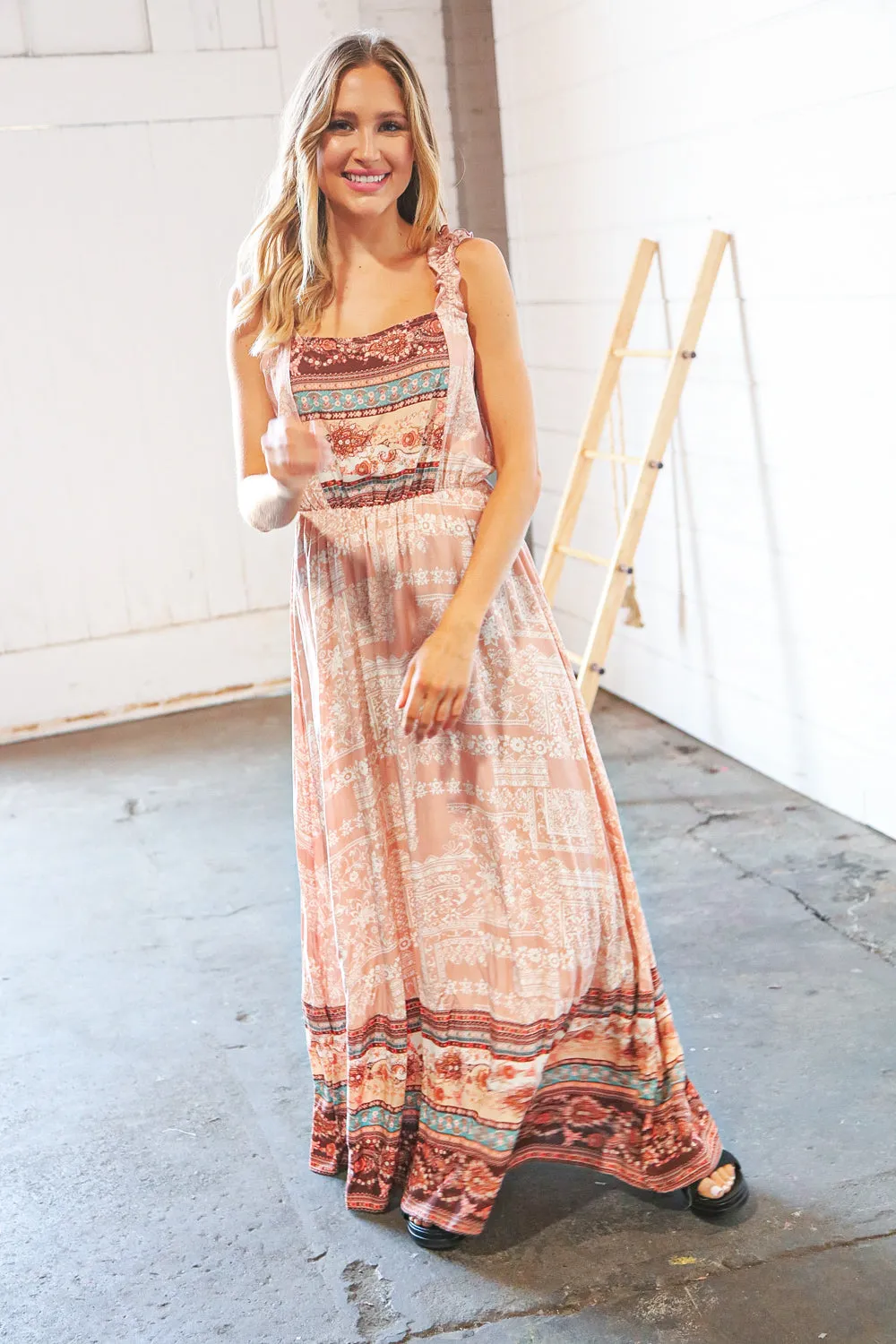 Boho Color Block Elastic Waist Ruffle Strap Maxi Dress