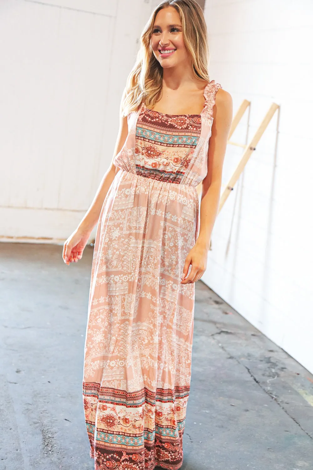 Boho Color Block Elastic Waist Ruffle Strap Maxi Dress