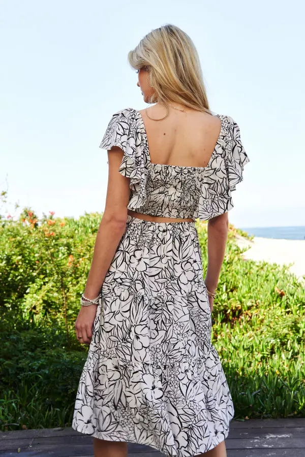 BOHO-GEO PRINTED SMOCKING OPEN BACK MIDI DRESS