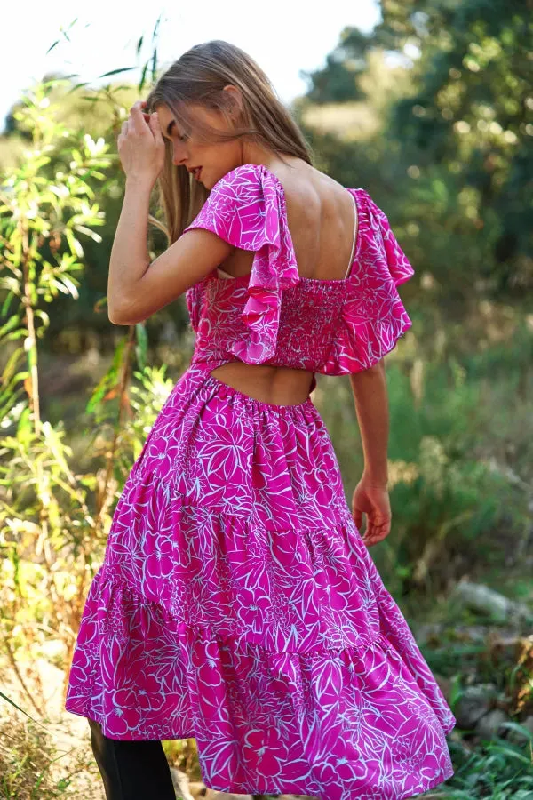 BOHO-GEO PRINTED SMOCKING OPEN BACK MIDI DRESS