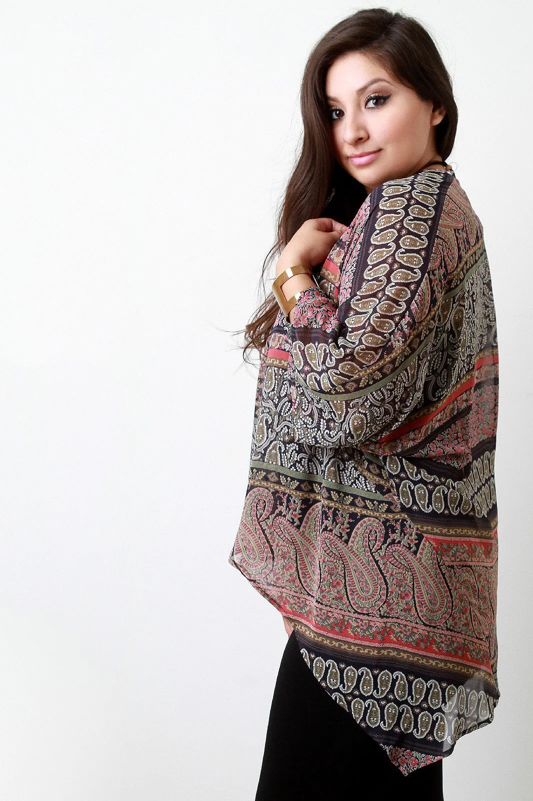 Boho Paisley Chiffon Open Front Cardigan