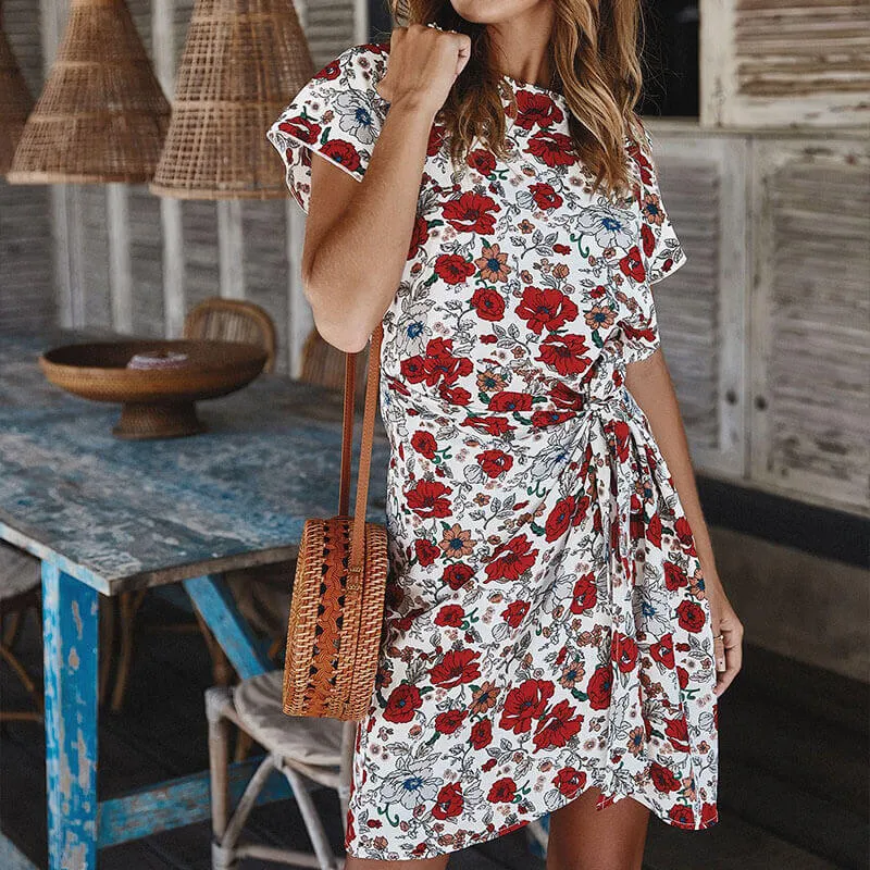 Boho Style Crew Neck Floral Short Wrap Dress