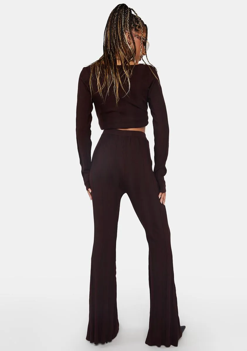 Brown Striped Knit Flare Trousers