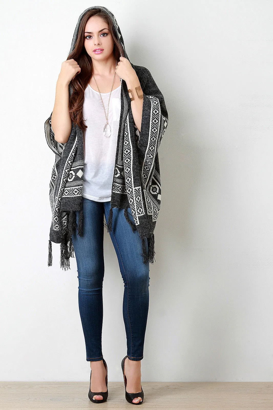 Brushed Loose Knit Tribal Fringe Hooded Poncho