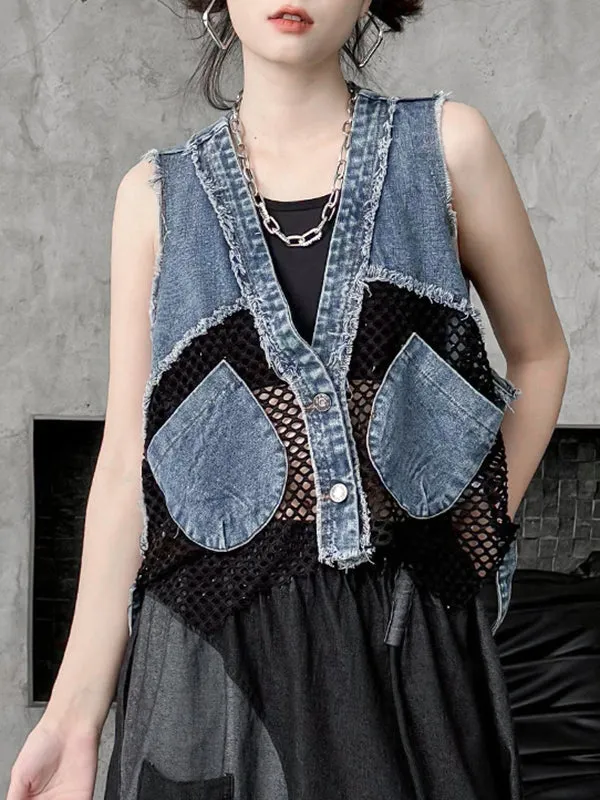 Buttoned Fringed Hollow Pockets Split-Joint Loose Sleeveless V-Neck Vest Outerwear