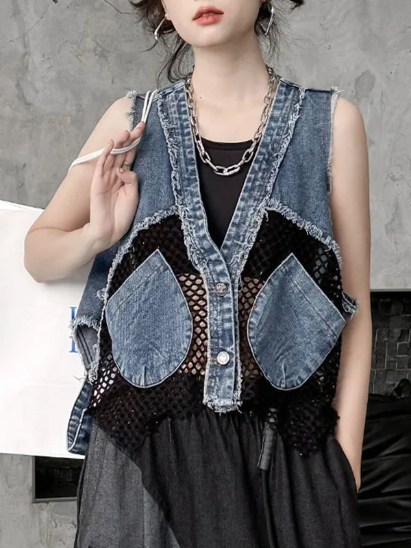 Buttoned Fringed Hollow Pockets Split-Joint Loose Sleeveless V-Neck Vest Outerwear