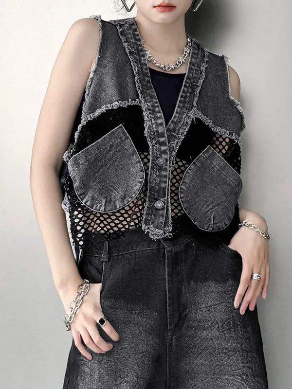 Buttoned Fringed Hollow Pockets Split-Joint Loose Sleeveless V-Neck Vest Outerwear