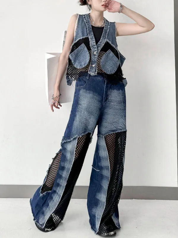 Buttoned Fringed Hollow Pockets Split-Joint Loose Sleeveless V-Neck Vest Outerwear