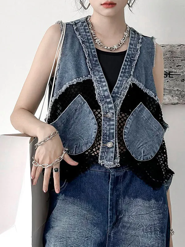 Buttoned Fringed Hollow Pockets Split-Joint Loose Sleeveless V-Neck Vest Outerwear