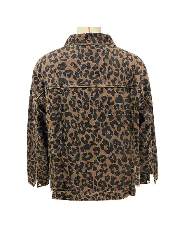 Buttoned Fringed Leopard Pockets Long Sleeves Loose Lapel Outerwear