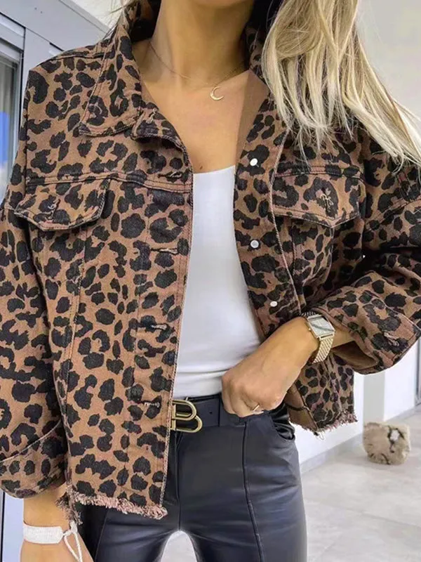 Buttoned Fringed Leopard Pockets Long Sleeves Loose Lapel Outerwear