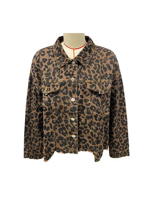 Buttoned Fringed Leopard Pockets Long Sleeves Loose Lapel Outerwear