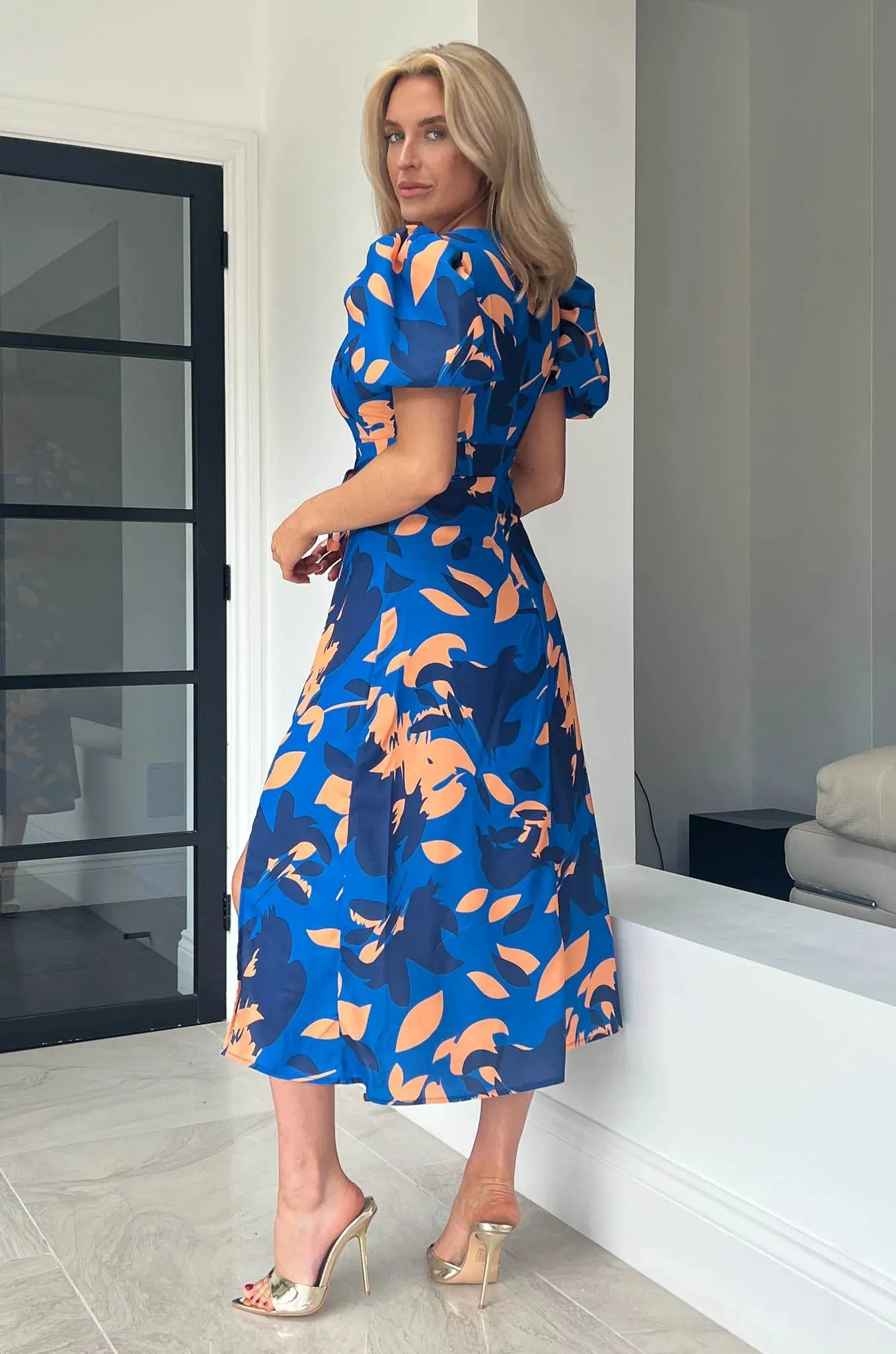 Callie Cobalt & Orange Puff Sleeve Midi Dress